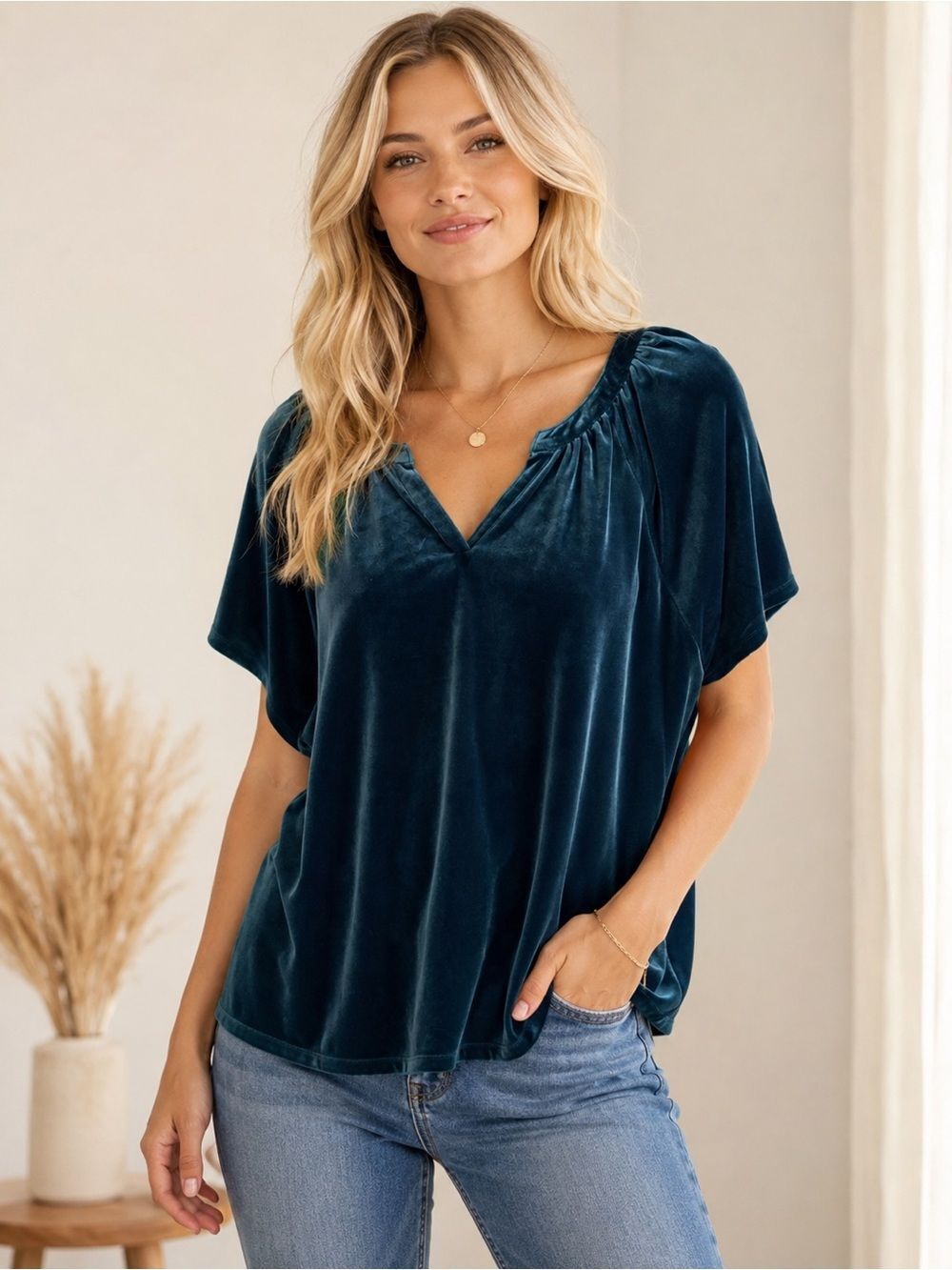 Lane Bryant Teal Velvet V-Neck Short Sleeve Blouse